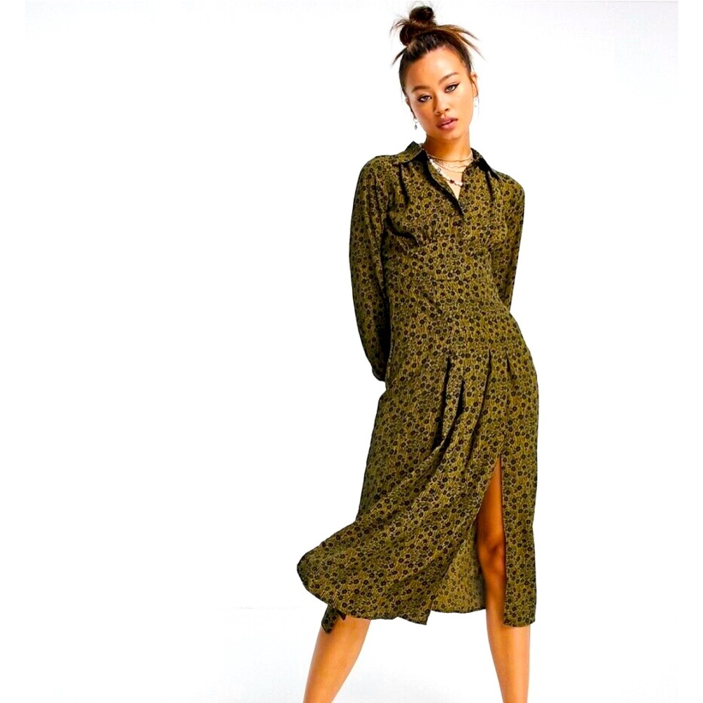 Topshop Women’s Split Front Floral Olive Green Midi Dress. Size 2. SKU 298